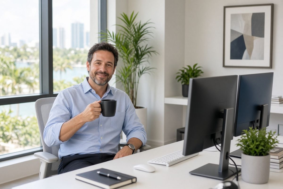 In-house accountant relaxing with a coffee at his desk