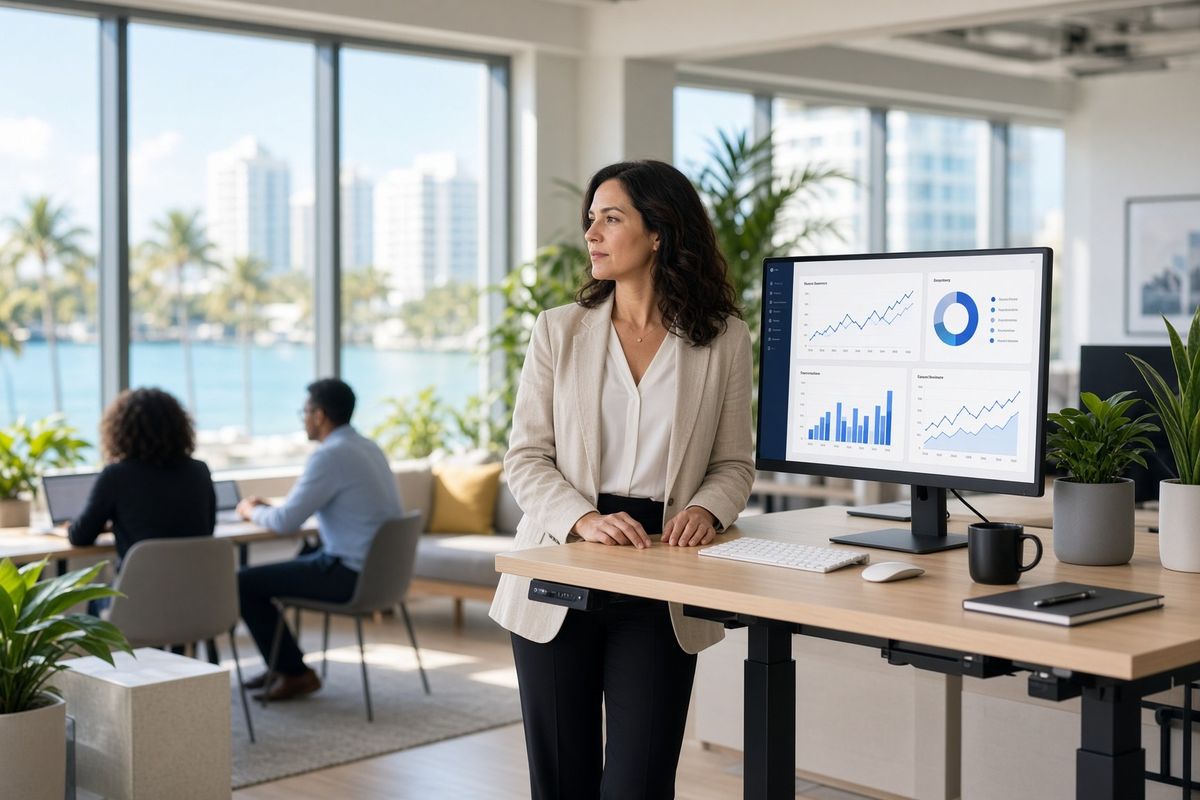 Founder reviewing a finance dashboard in a bright office