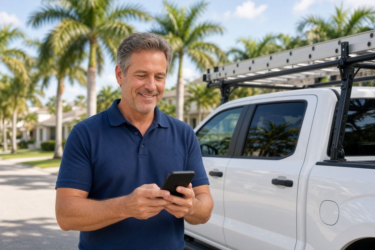 Roofing contractor checking his phone next to his work truck